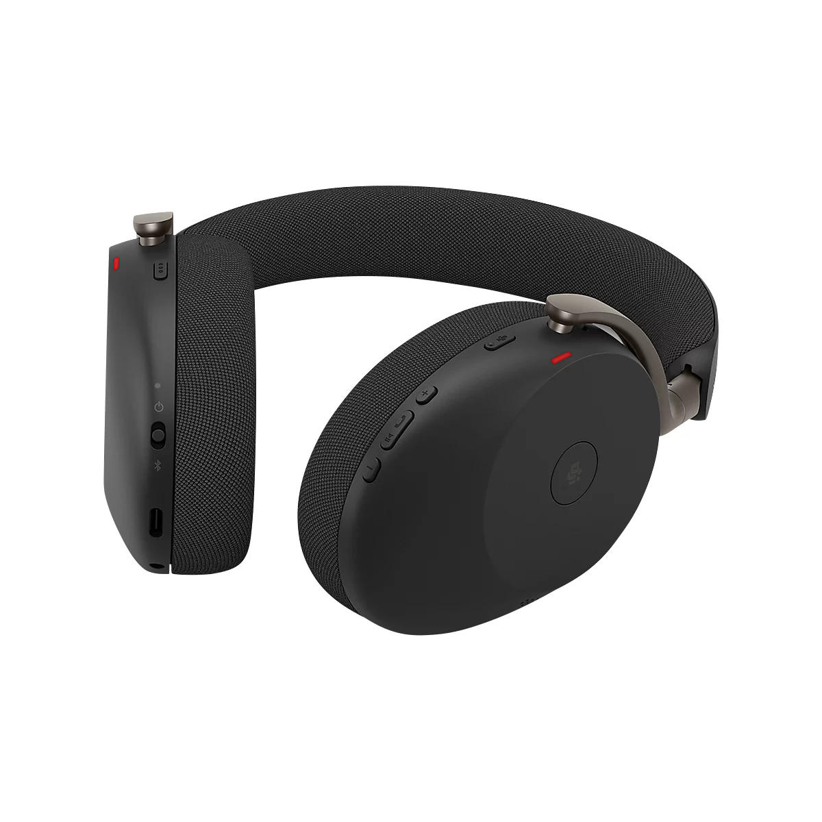 Schwarzer Over-Ear-Kopfhörer mit Bedienknöpfen, Bügel und Ohrmuscheln aus Stoff, Details in Silber und Rot.