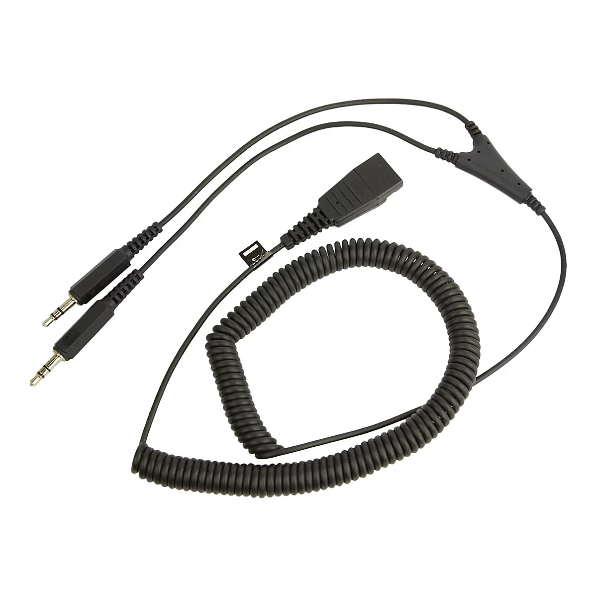 Schwarzes Headset-Kabel mit Spiralkabel, Klinkenstecker und Y-Verteiler.