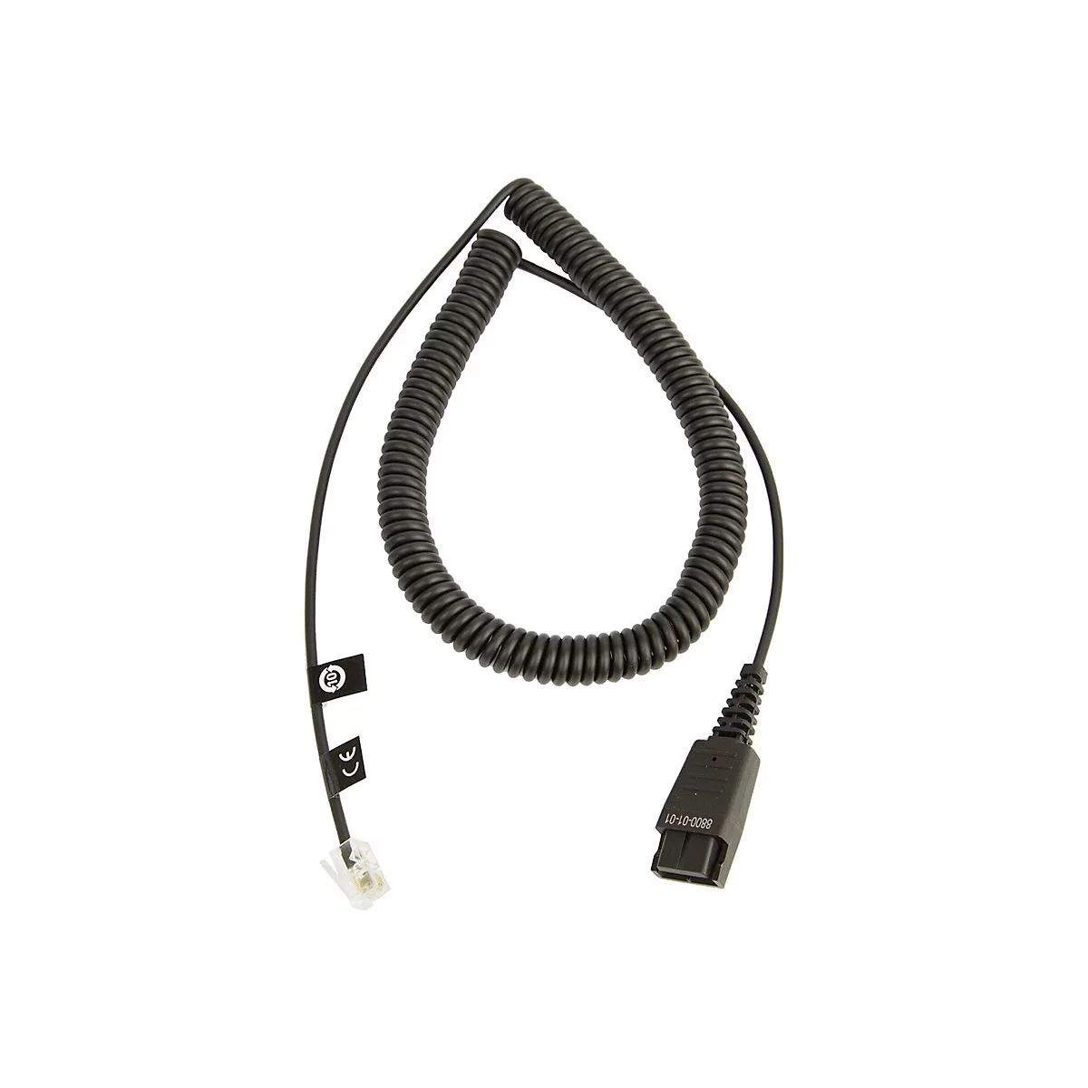 Schwarzes Telefonkabel mit gewundener Spirale und zwei Steckern an den Enden.
