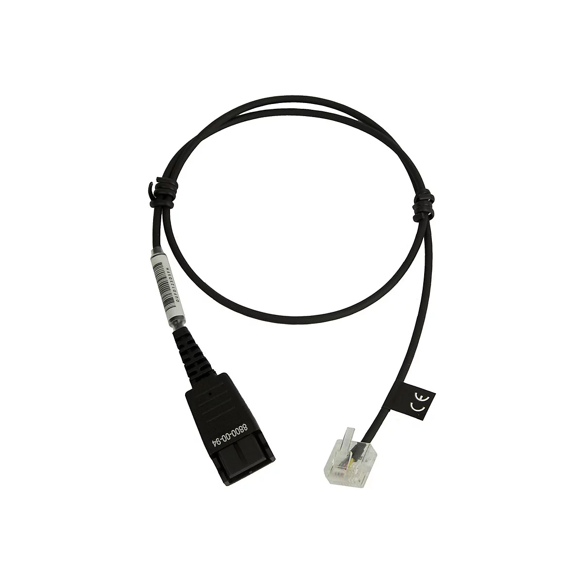 Schwarzes Kabel mit zwei Steckern, der eine rechteckig, der andere transparent und eckig mit CE-Zeichen.