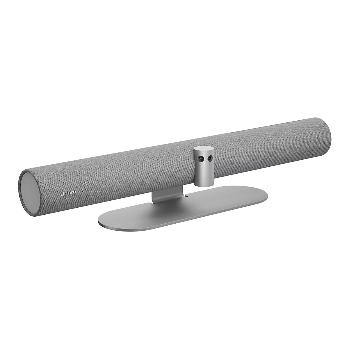 Graue Soundbar von Jabra auf einem silbernen Standfuß, vor weißem Hintergrund. Das Jabra-Logo ist gut sichtbar.