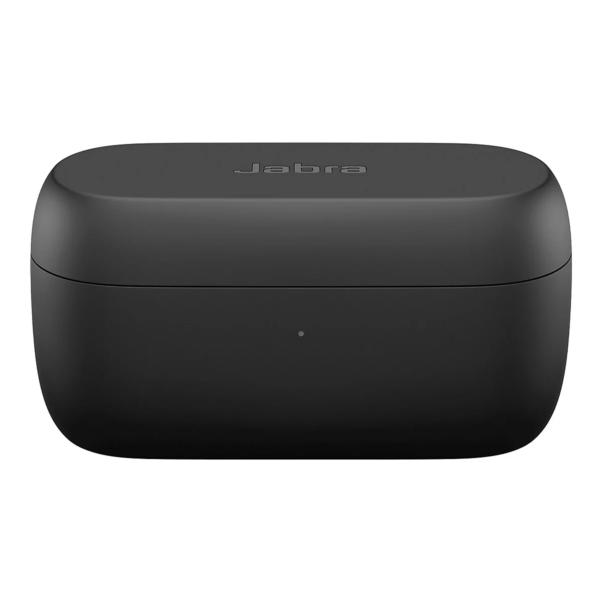 Schwarzes Jabra-Ladecase. Deckel mit Firmenlogo, darunter die Box mit kleiner LED-Leuchte.