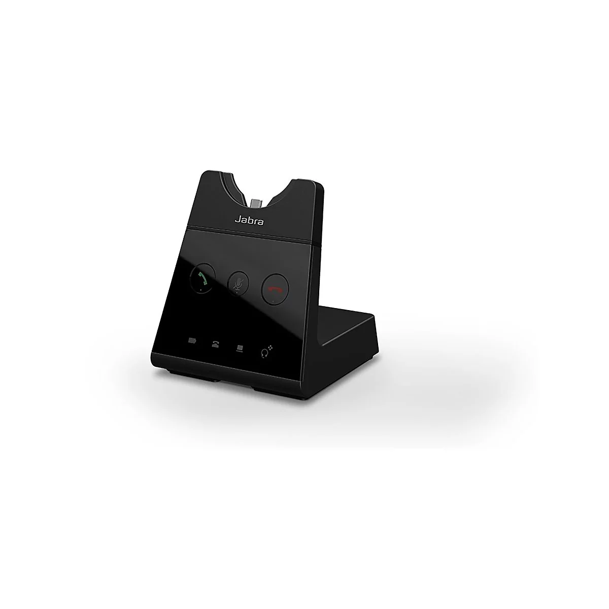 Schwarze Jabra-Basisstation mit drei Tasten und Logo auf weißem Hintergrund.