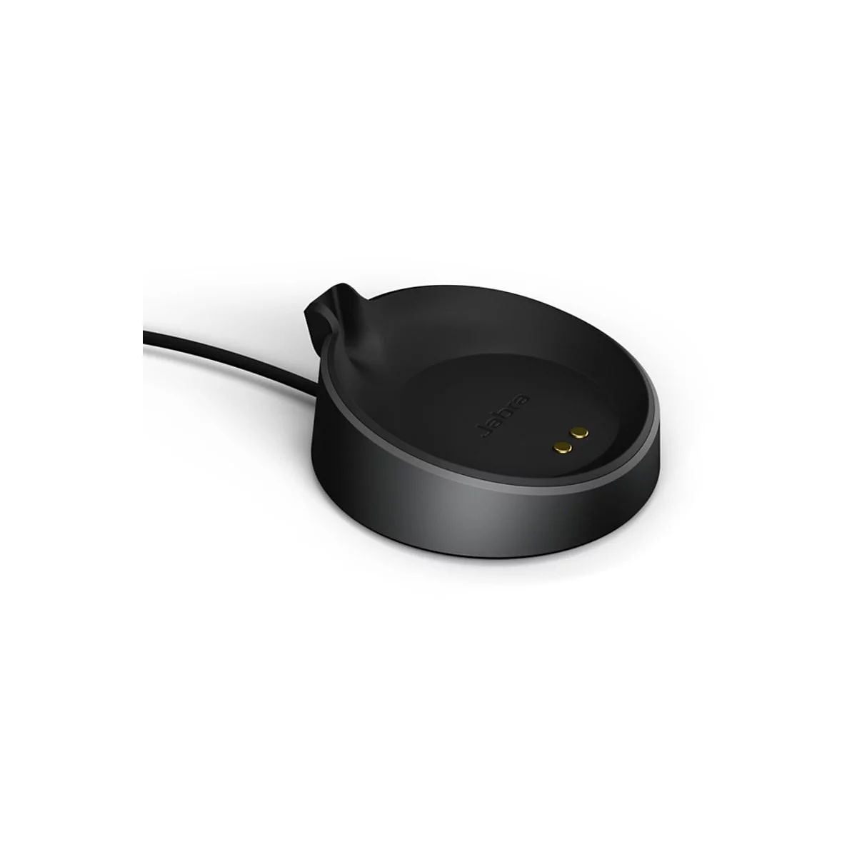 Schwarze Jabra-Ladestation mit zwei goldenen Kontaktstellen. Logo und Kabel sind ebenfalls zu sehen.