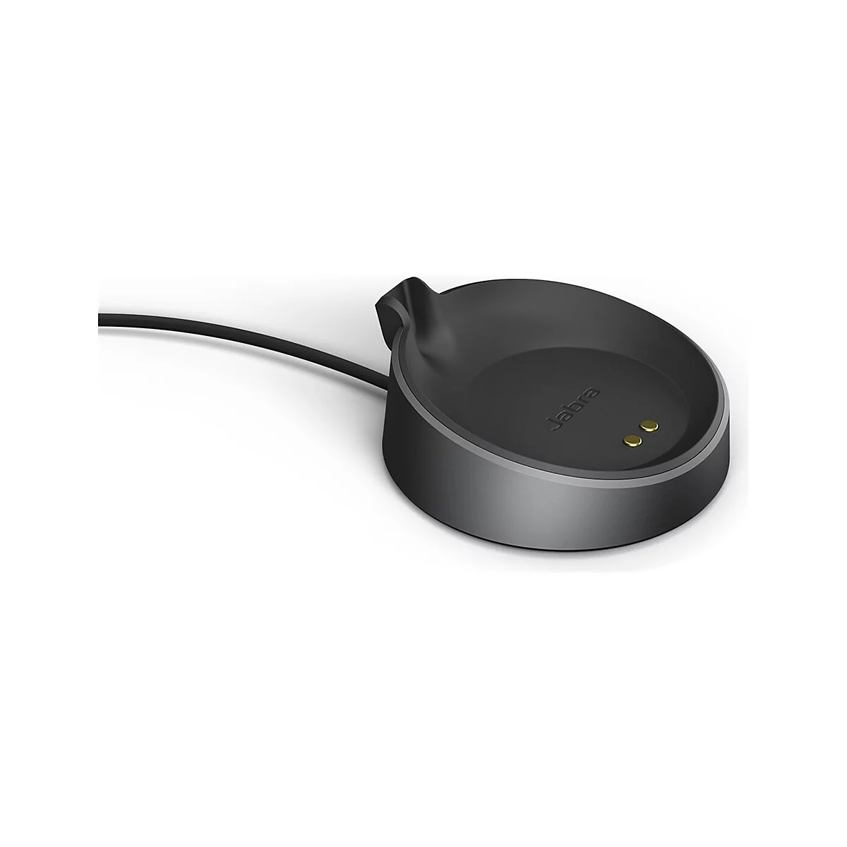 Schwarze Jabra Ladestation für kabellose Kopfhörer, mit Kabel, auf weißem Hintergrund.