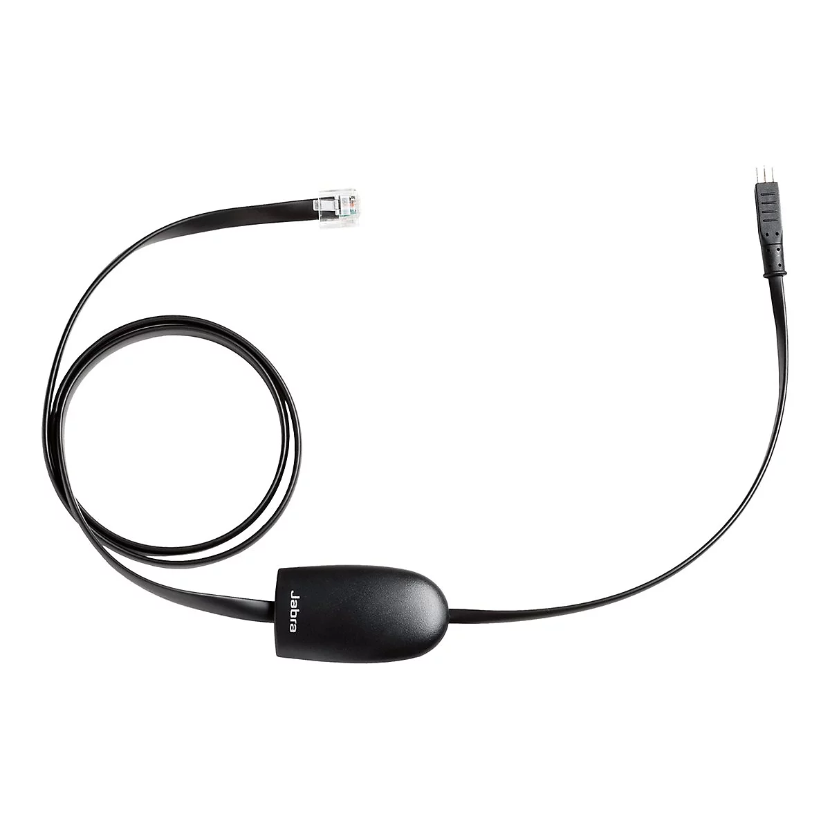 Ein schwarzes Jabra-Headset-Kabel auf weißem Hintergrund.