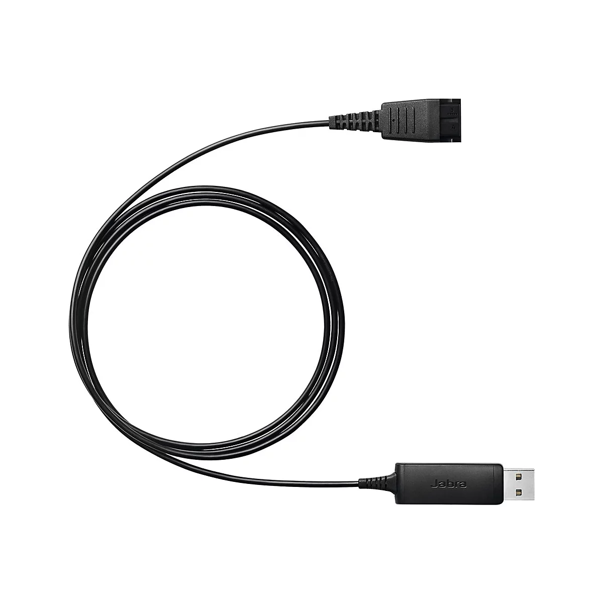 Schwarzes Jabra-USB-Kabel, gewunden zu einem Kreis.