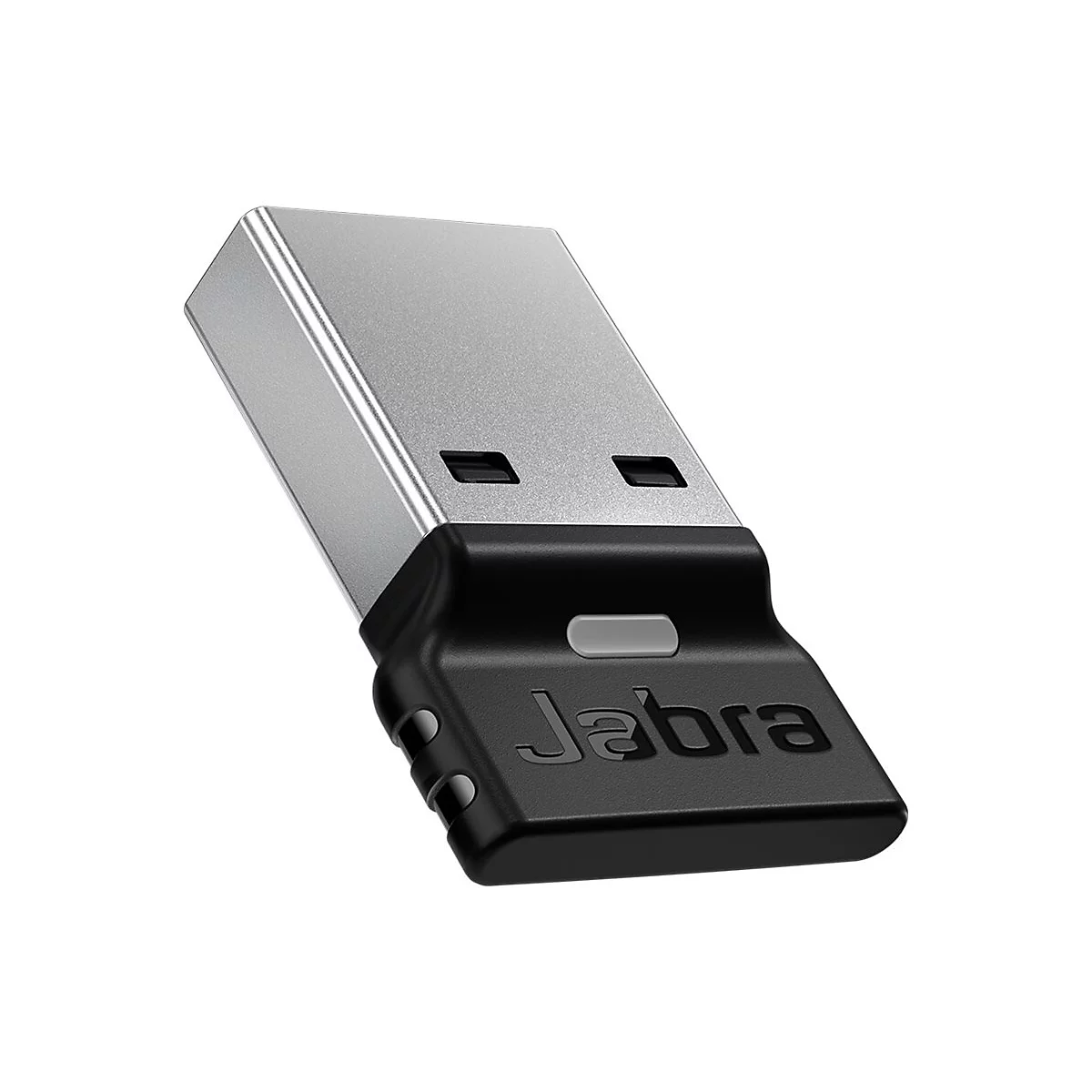 Ein schwarzer Jabra-USB-Dongle, teils silberfarben. Der Schriftzug "Jabra" ist aufgedruckt.