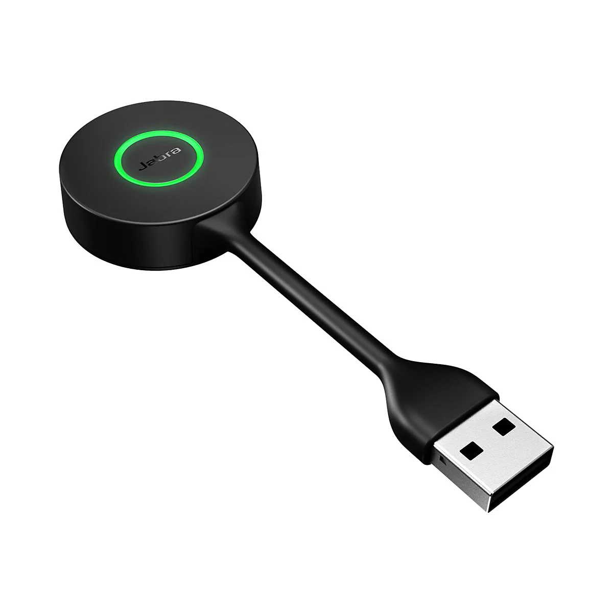 Schwarzes Jabra-Gerät mit grünem Leuchtring und USB-Kabel. Das Gerät ist rund, mit dem Markennamen Jabra.