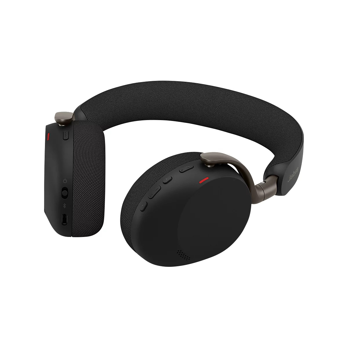 Casque supra-auriculaire noir avec des accents marron. Boutons et LED rouges sur les oreillettes. Bandeau rembourré.