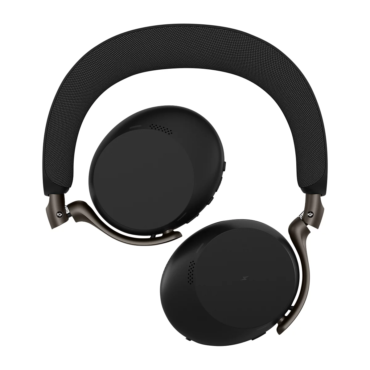 Casque noir, vue détaillée. Le bandeau et les oreillettes sont noirs. Le bandeau a un coussin rembourré.