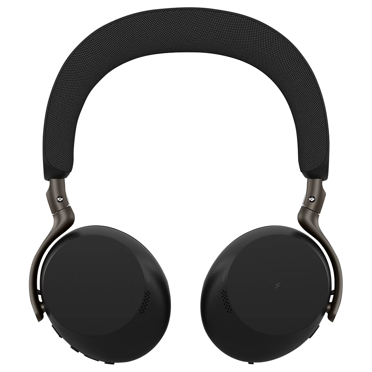 Casque sombre avec coussinets et bandeau rembourrés. Les oreillettes sont rondes, le bandeau est rembourré noir.