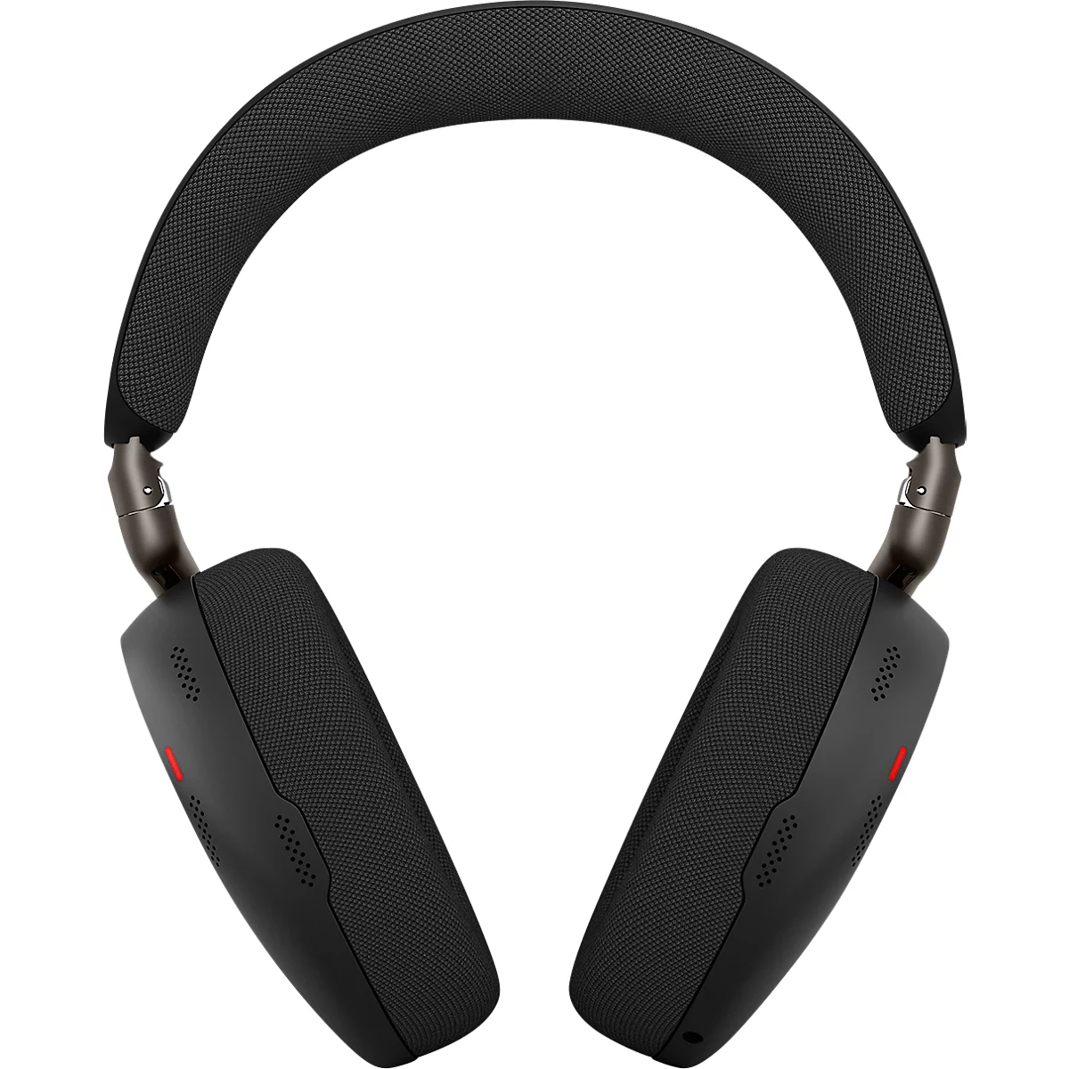 Casque supra-auriculaire noir avec des éléments gris-métallique. Les oreillettes sont angulaires et présentent un détail rouge. L'arceau est rembourré.