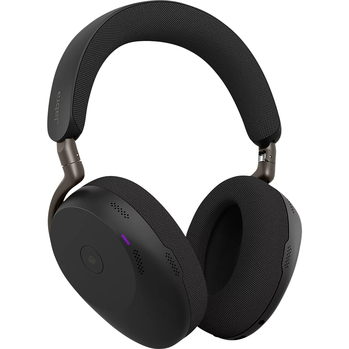 Casque noir avec coussinets et bandeau rembourrés. Une lumière violette brille sur l'écouteur gauche.