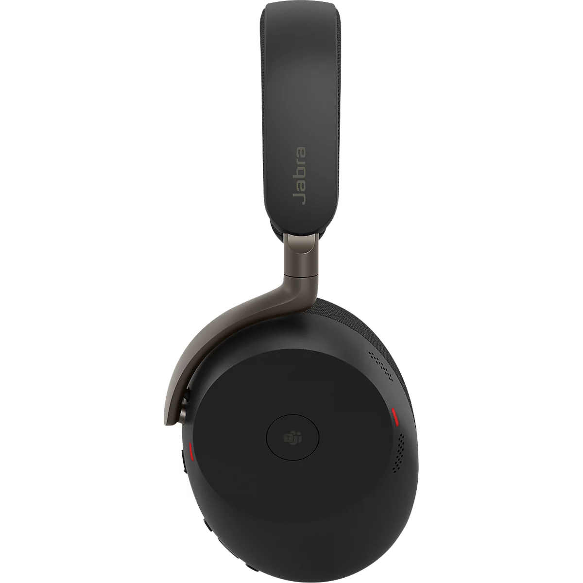 Gros plan d'un casque Jabra noir. Bandeau gris avec logo Jabra, bras articulé gris. Partie d'écouteur ronde noire.