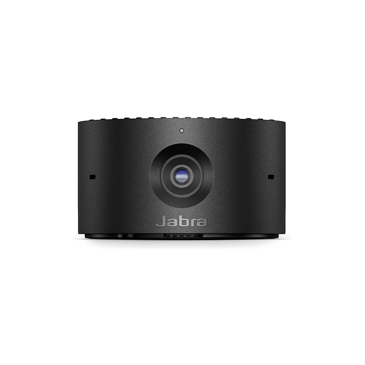 Schwarze, runde Jabra Webcam mit Objektiv, Mikrofon und der Aufschrift Jabra.