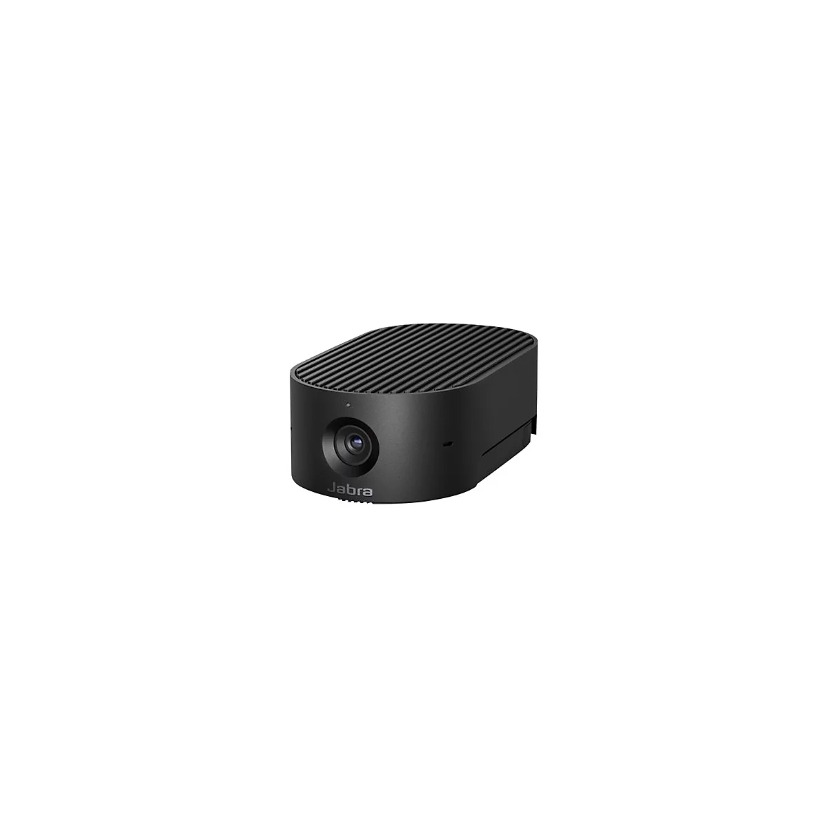 Schwarze, ovale Jabra-Kamera mit Linsenoptik. Aufschrift: Jabra. Oben gerillt.