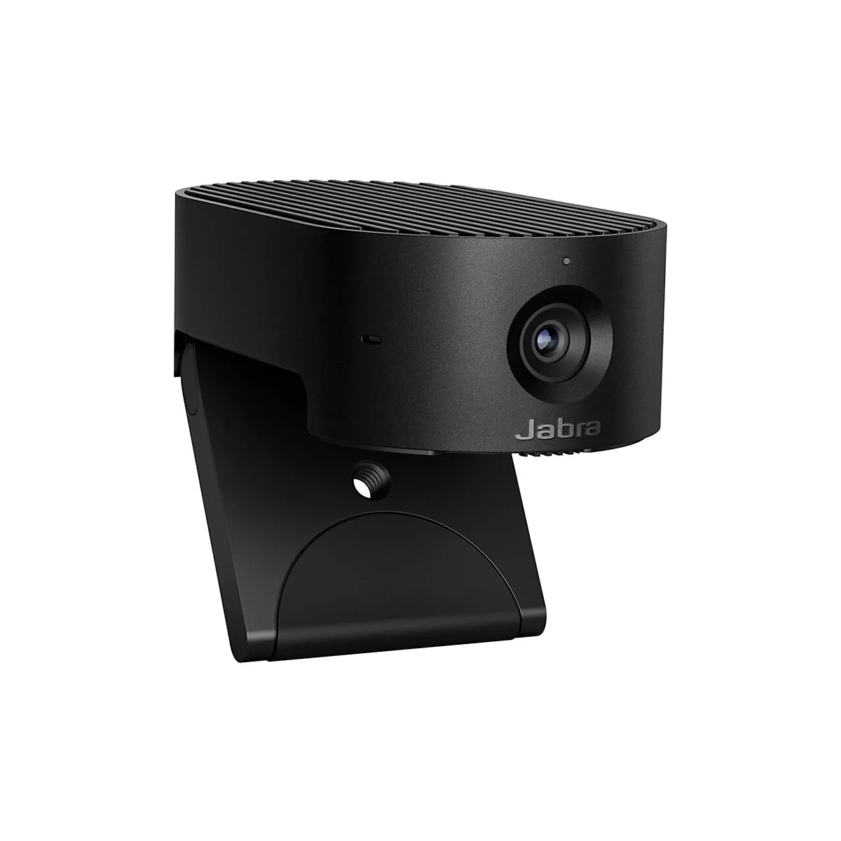 Schwarze Jabra-Webcam mit Linsen, Logo und Halterung.