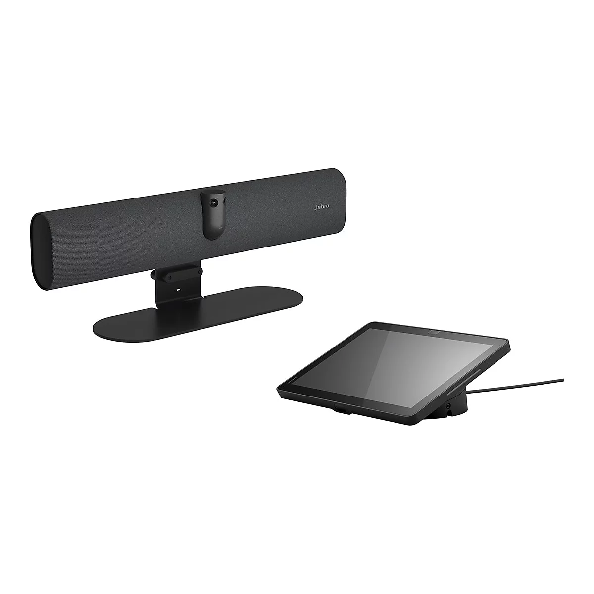 Videokonferenz-Soundbar mit Tablet; schwarze Soundbar mit Kamera, Tablet auf Ständer.