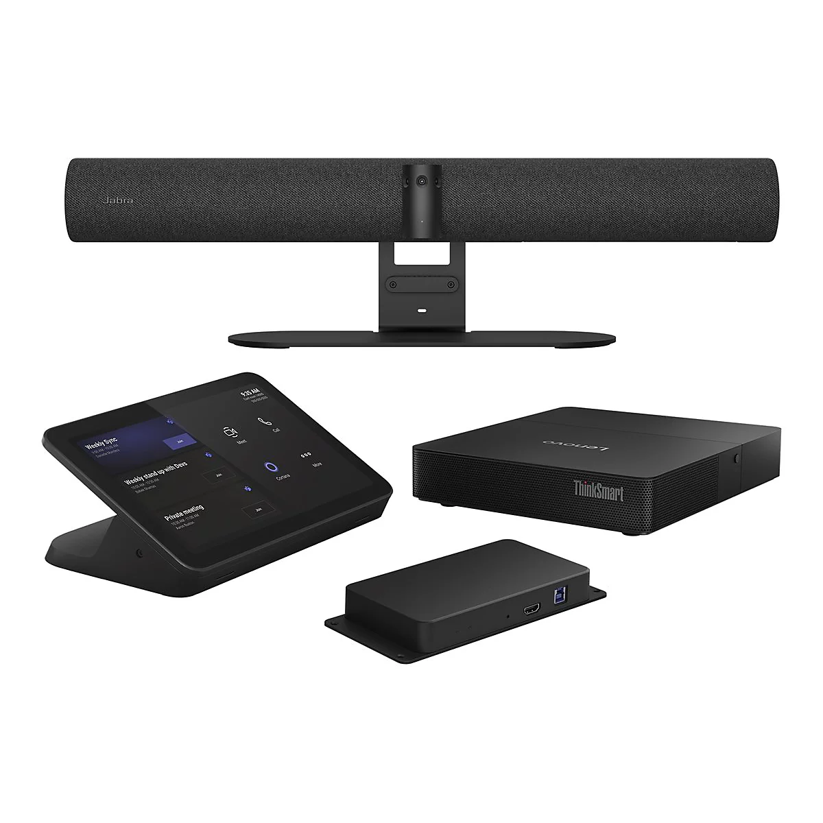 Videokonferenz-Set, bestehend aus Soundbar, Tablet, Mini-PC und Hub. Alle Teile sind schwarz und auf weißem Hintergrund angeordnet.