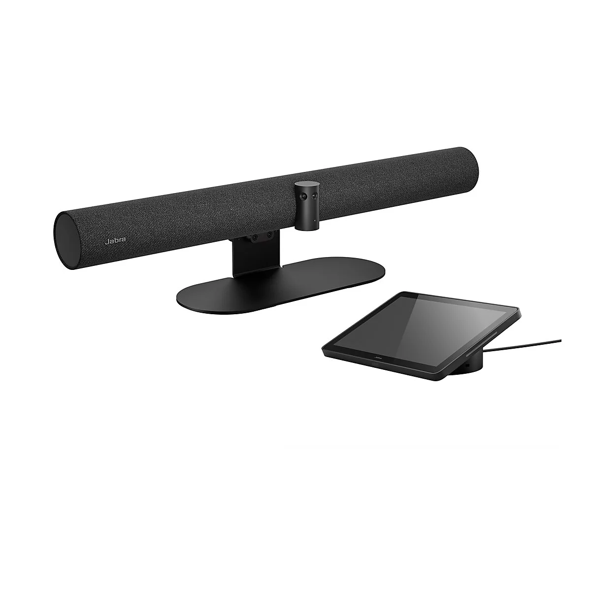 Schwarze Soundbar und Tablet. Soundbar mit Logo, Tablet angeschlossen. Beide auf weißem Hintergrund.