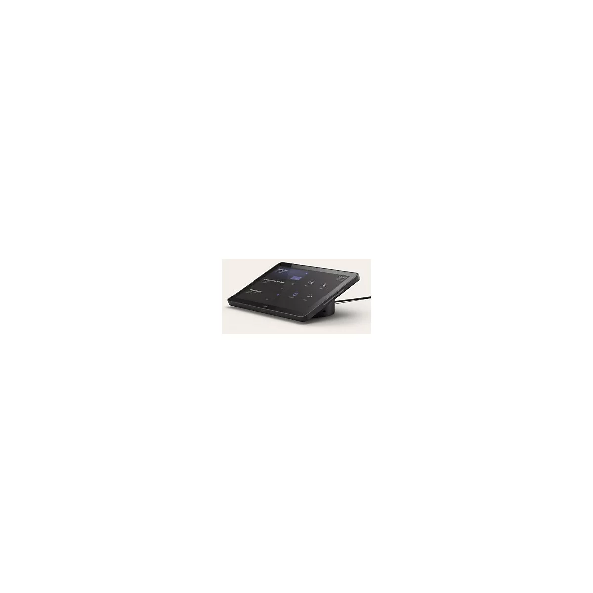 Schwarzes Tablet auf Ladestation. Auf dem Bildschirm sind Menüpunkte und Icons zu sehen. Ein Kabel führt nach hinten.