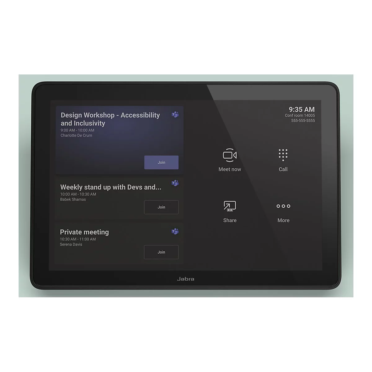 Schwarzes Tablet mit Meeting-App. Design Workshop, Weekly Stand-Up und Private Meeting geplant. Uhrzeit: 9:35 Uhr.