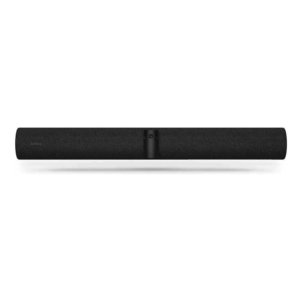 Ein schwarzes Soundbar der Marke Jabra vor weißem Hintergrund. Der Soundbar ist horizontal ausgerichtet.