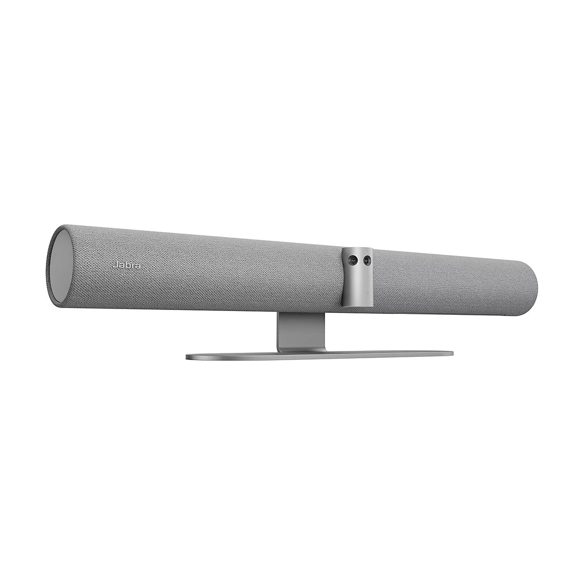 Graue Soundbar auf silbernem Ständer, Jabra-Logo. Sie hat runde Enden und einen zentralen Kamerabereich.
