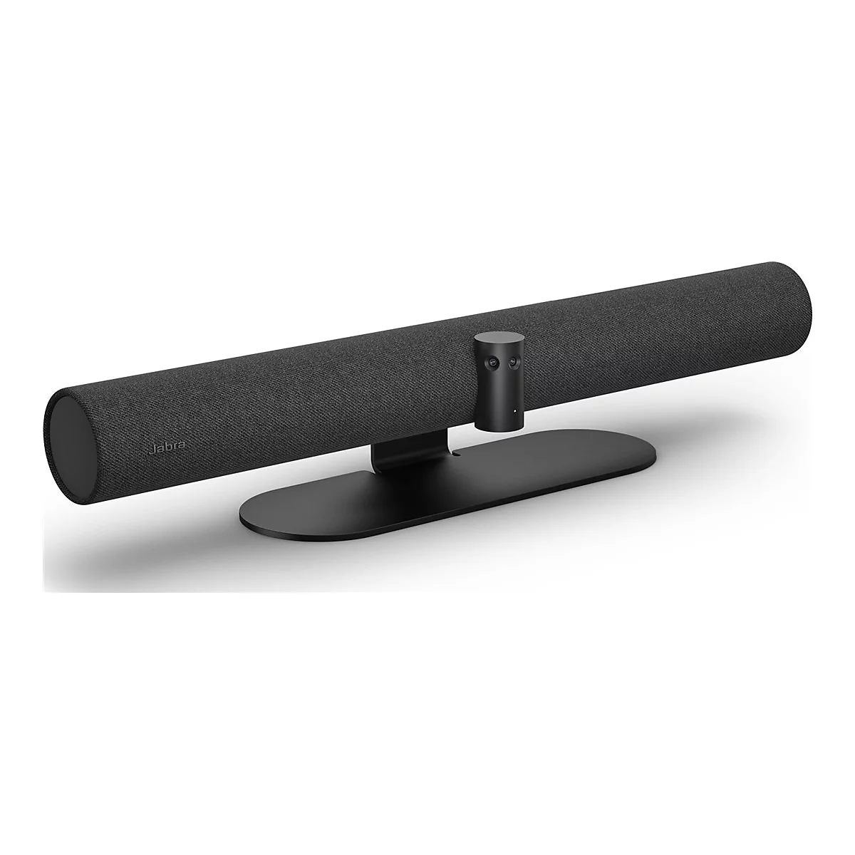Schwarze Soundbar auf schwarzem Ständer. Auf der Soundbar steht „Jabra“.