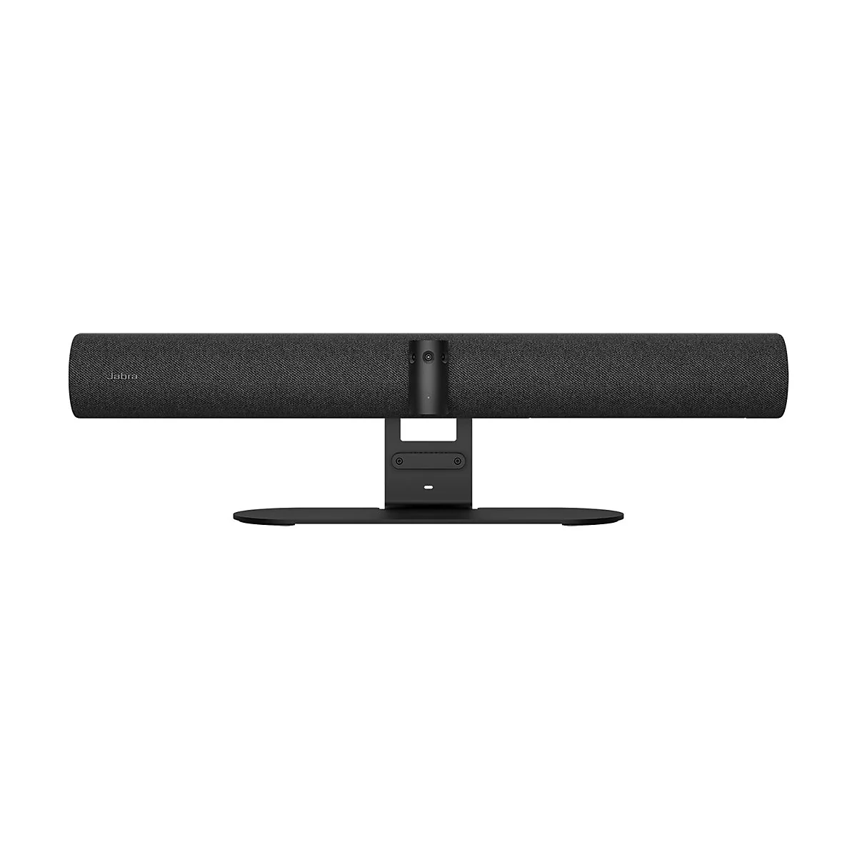 Schwarze Soundbar von Jabra mit Standfuß, zentral ausgerichtet, Detailaufnahme.