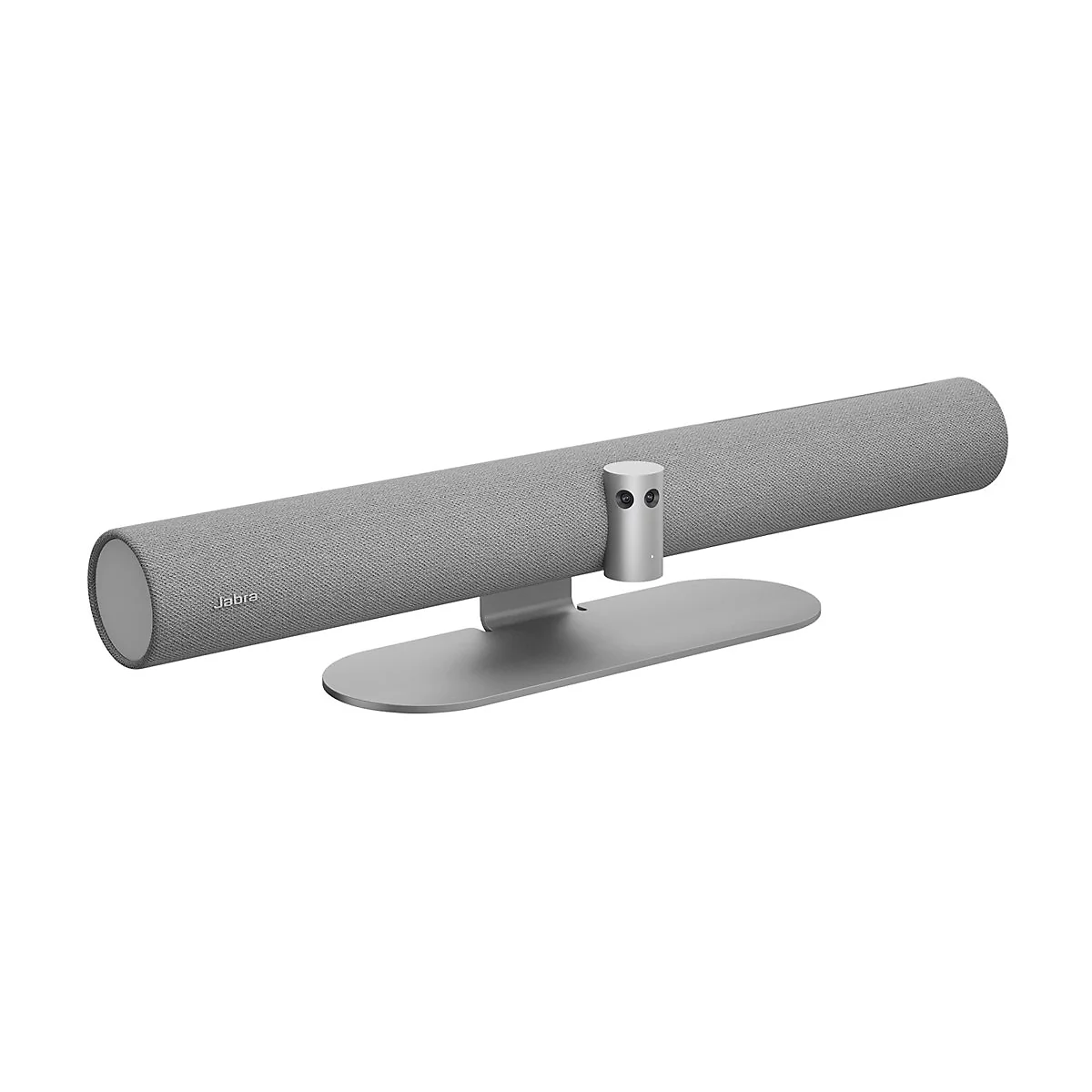 Graue Soundbar auf silbernem Ständer, Jabra-Logo. Zwei Kameras vorne.