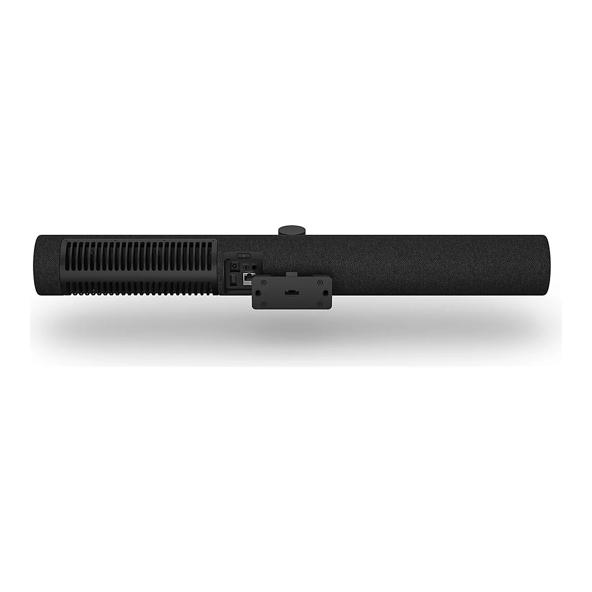 Schwarze Soundbar, Detailansicht. Auf einer Seite Lüftungsschlitze, auf der anderen Anschlüsse, Halterung.