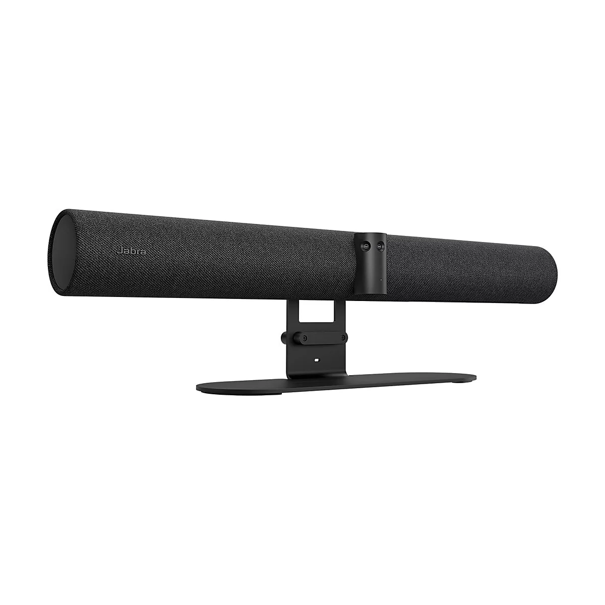 Schwarze Soundbar auf einem schwarzen Ständer, mit Jabra-Logo. Runde Enden, Stoffstruktur.