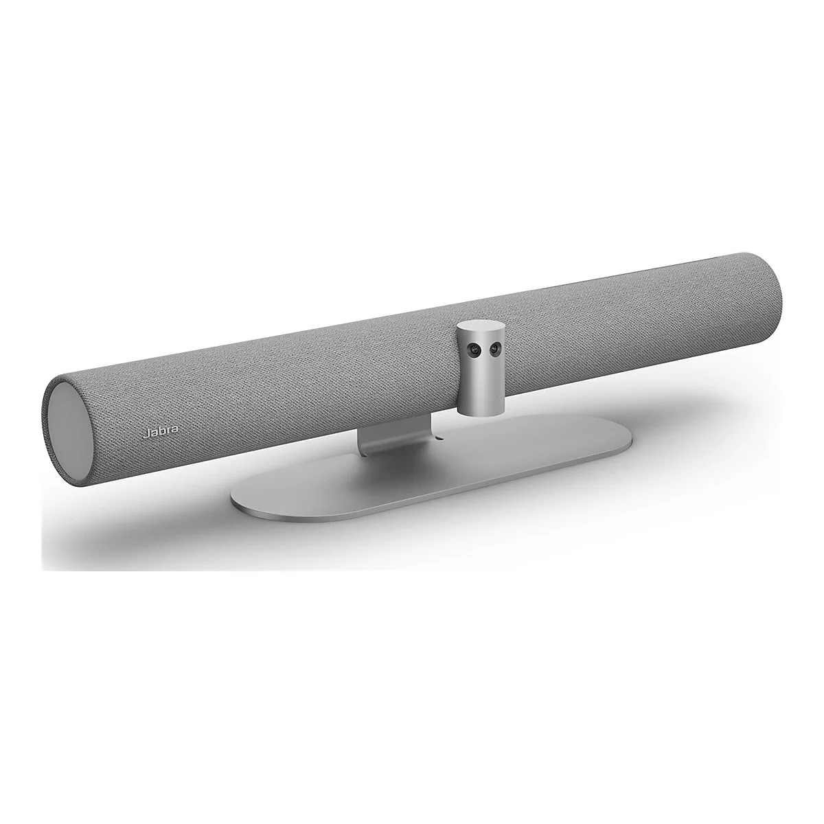 Graue Soundbar auf silbernem Ständer, Jabra Schriftzug. Zwei Kameras. Auf weißem Hintergrund.