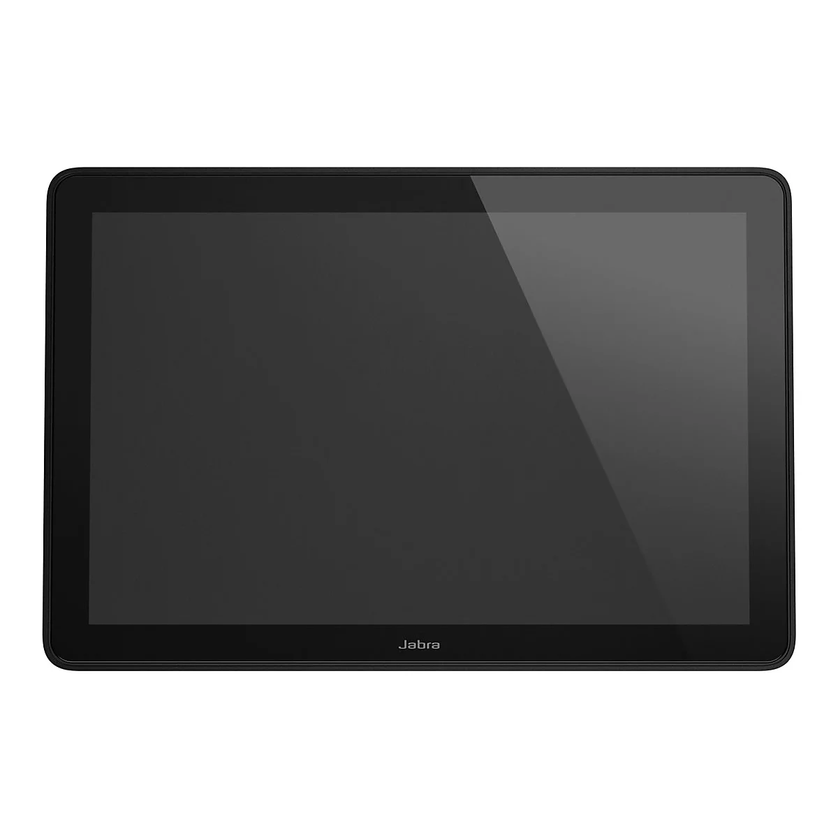 Schwarzes Tablet mit glänzendem Bildschirm. Unten steht „Jabra“.