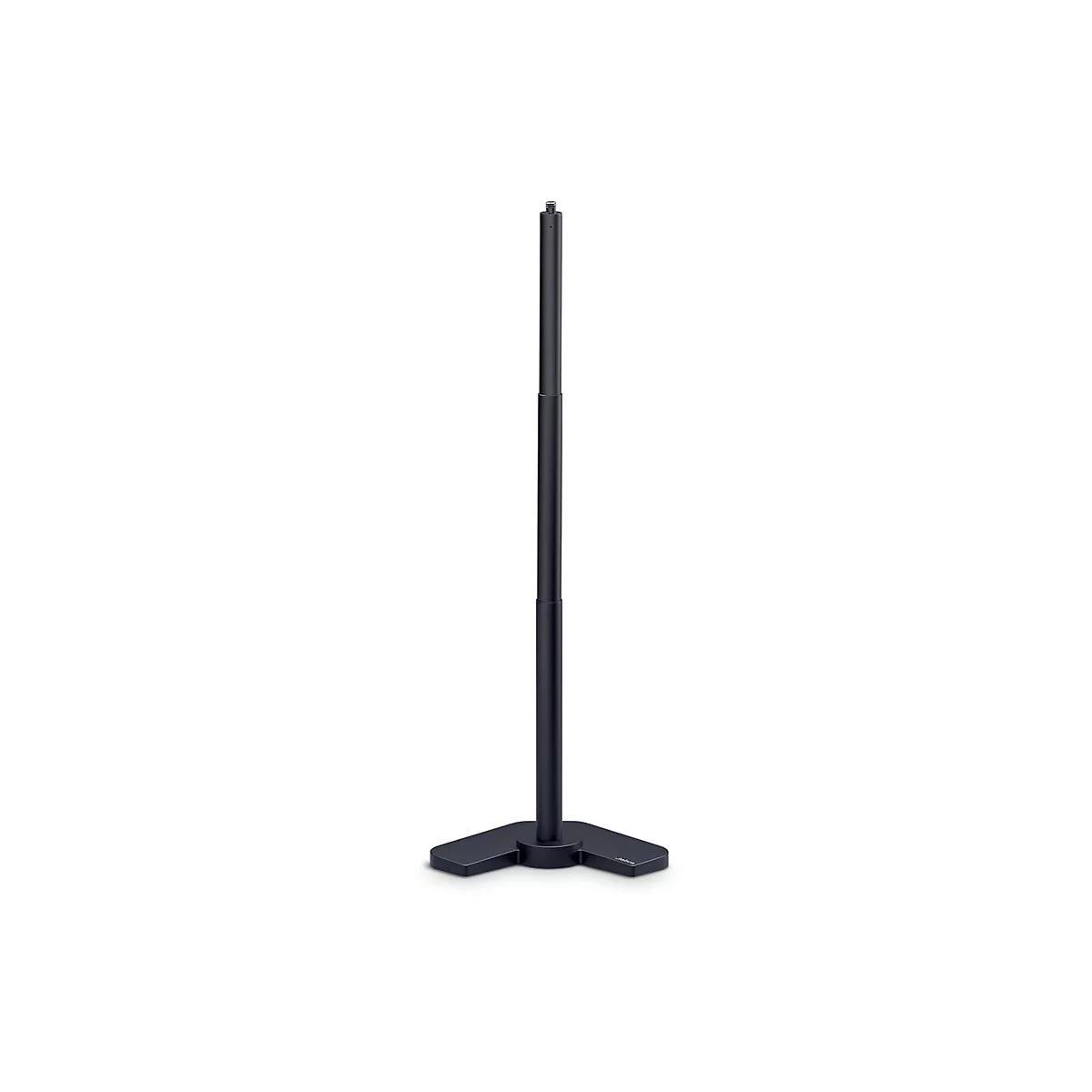 Trépied de microphone noir réglable en hauteur sur fond blanc.