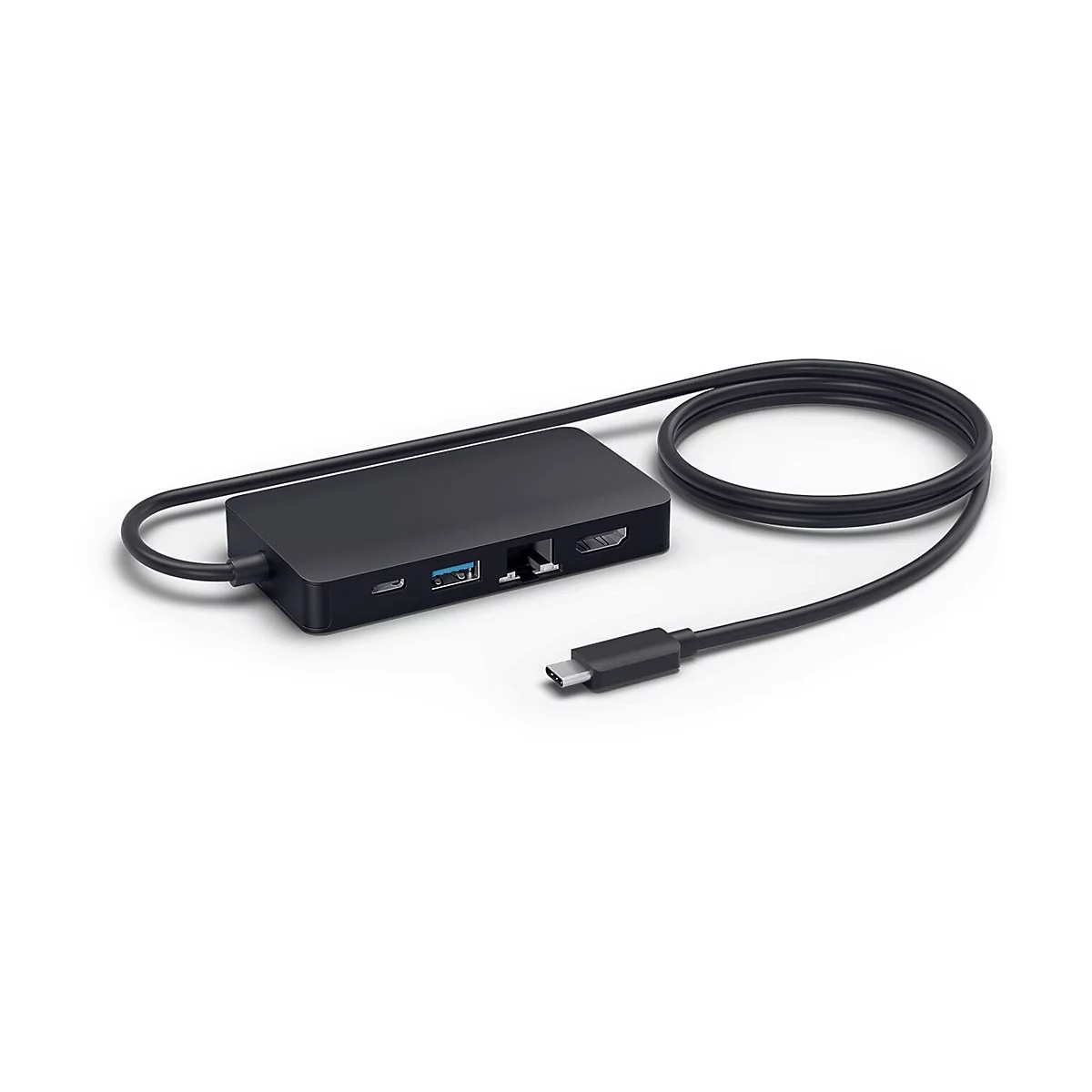 Schwarzer USB-C-Hub mit Kabeln und Anschlüssen wie USB, HDMI und Ethernet.
