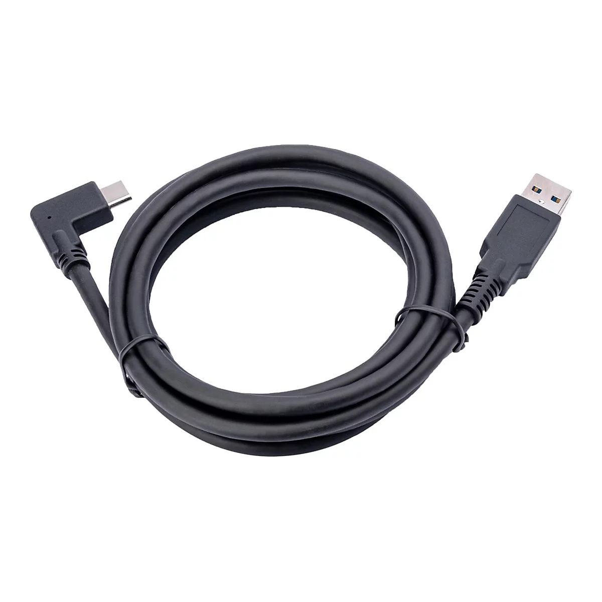 Ein schwarzes USB-Kabel, gewickelt in einer Spirale. An einem Ende ein USB-C-Stecker, am anderen Ende ein USB-A-Stecker.