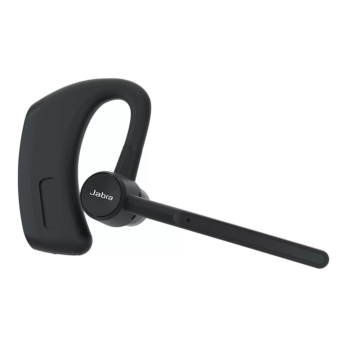 Schwarzes Jabra Bluetooth-Headset vor weißem Hintergrund. Der Bügel umschließt das Ohr, am Mikrofon ist der Markenname zu sehen.