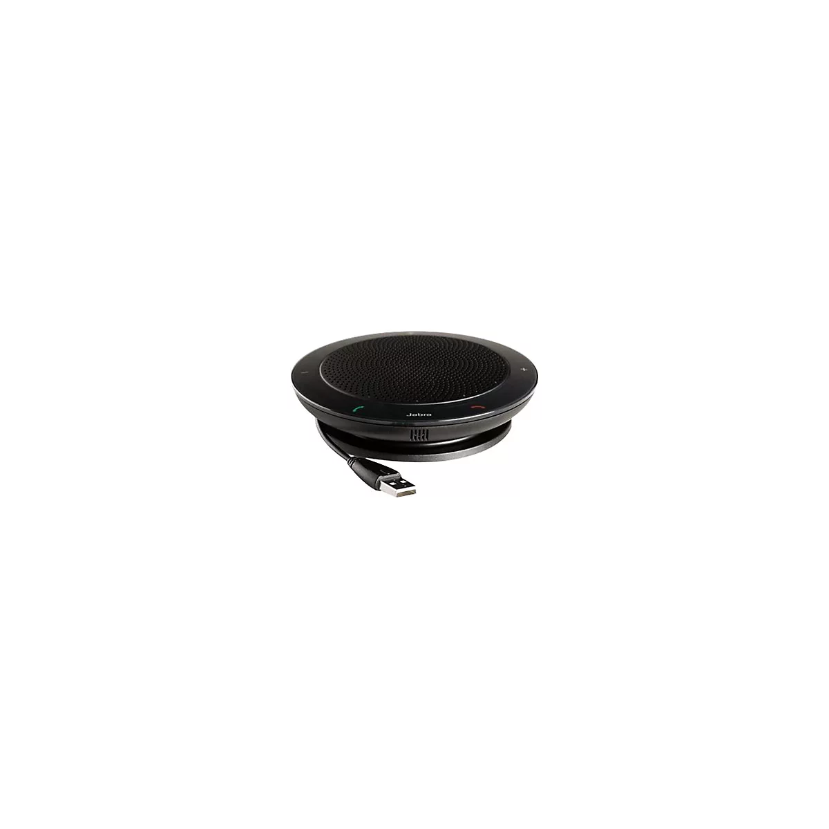 Microphone de conférence Jabra noir avec câble USB. L'appareil rond a un motif de trous et deux boutons. Étiqueté avec "Jabra".