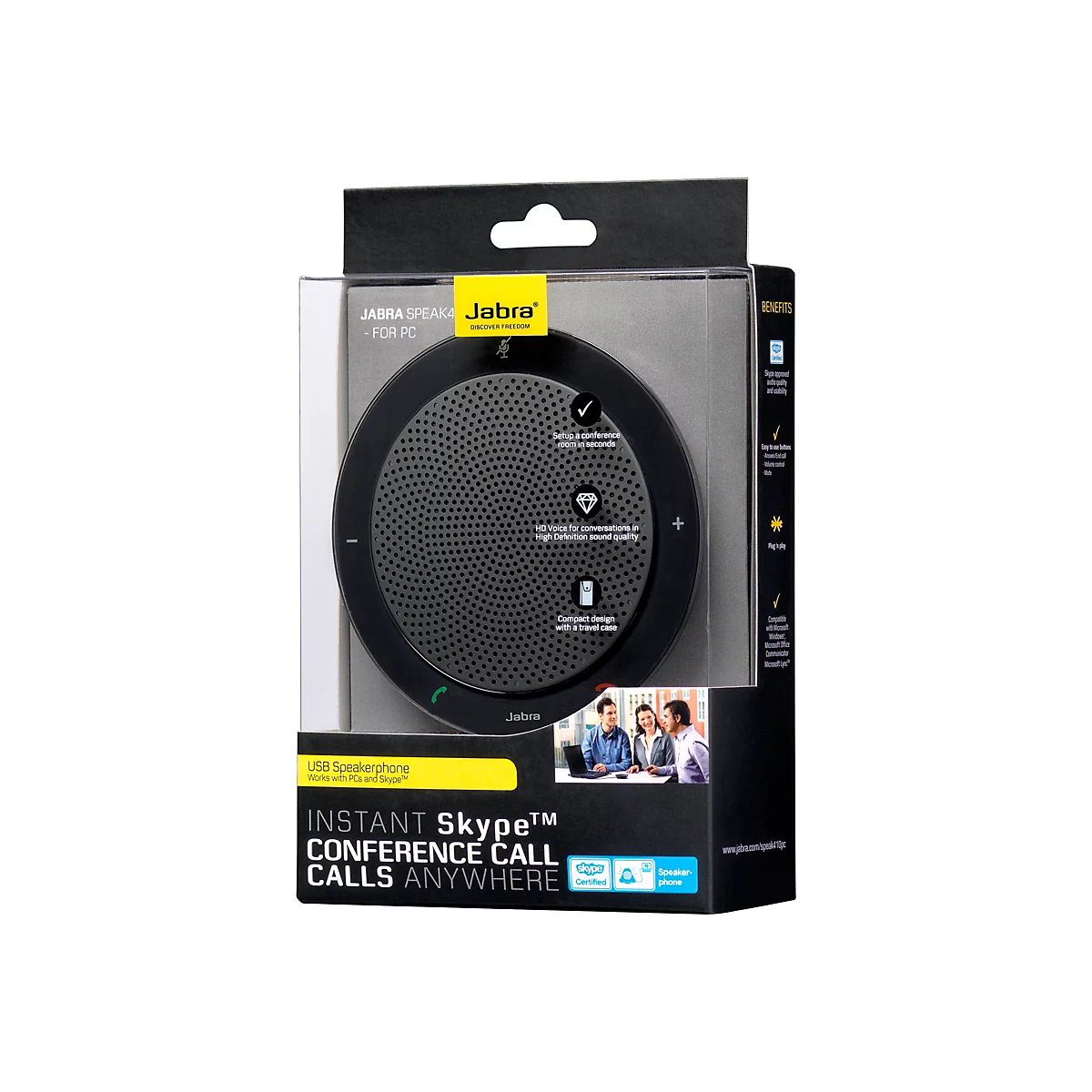 Haut-parleur Jabra noir dans son emballage, prÃªt pour les appels de confÃ©rence Skype.