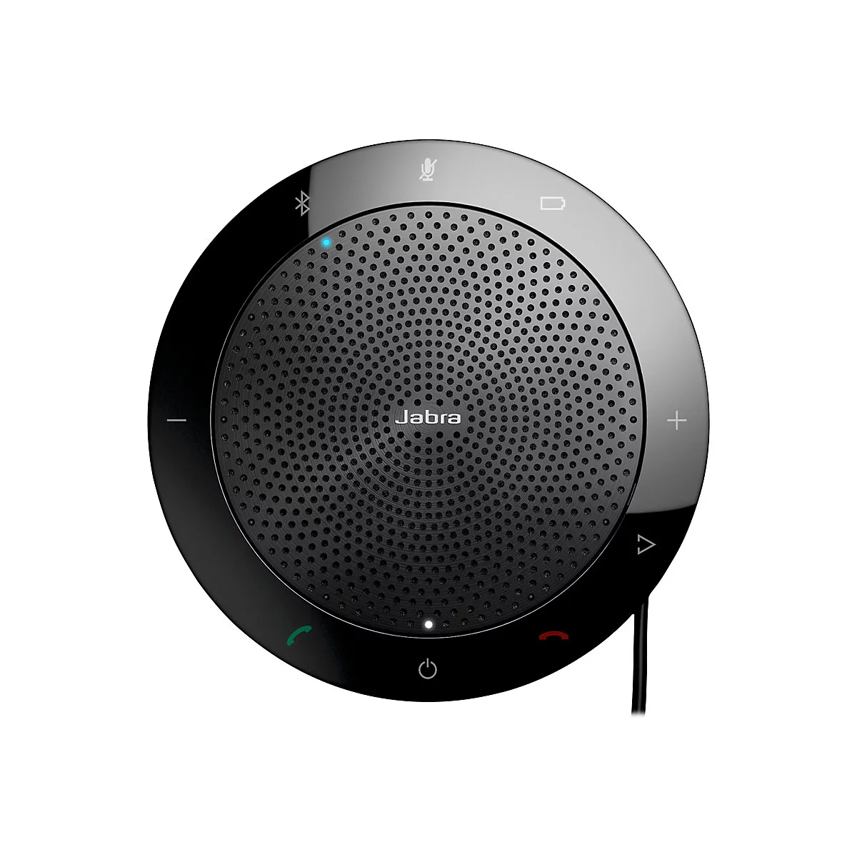 Haut-parleur Jabra rond noir avec motif perforé et commandes, boutons Bluetooth et d'appel. Logo Jabra. Câble.