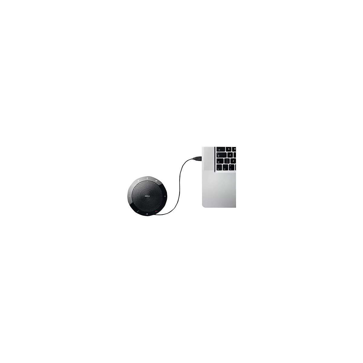 Haut-parleur Jabra noir, connecté à un ordinateur portable via un câble USB.