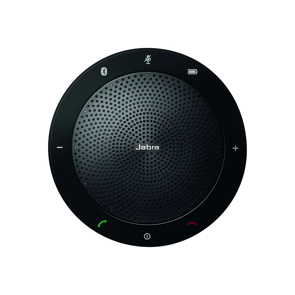 Schwarzes, rundes Jabra Konferenzsystem. Es hat Tasten, Mikrofon-, Bluetooth-, und Batterie-Icons.