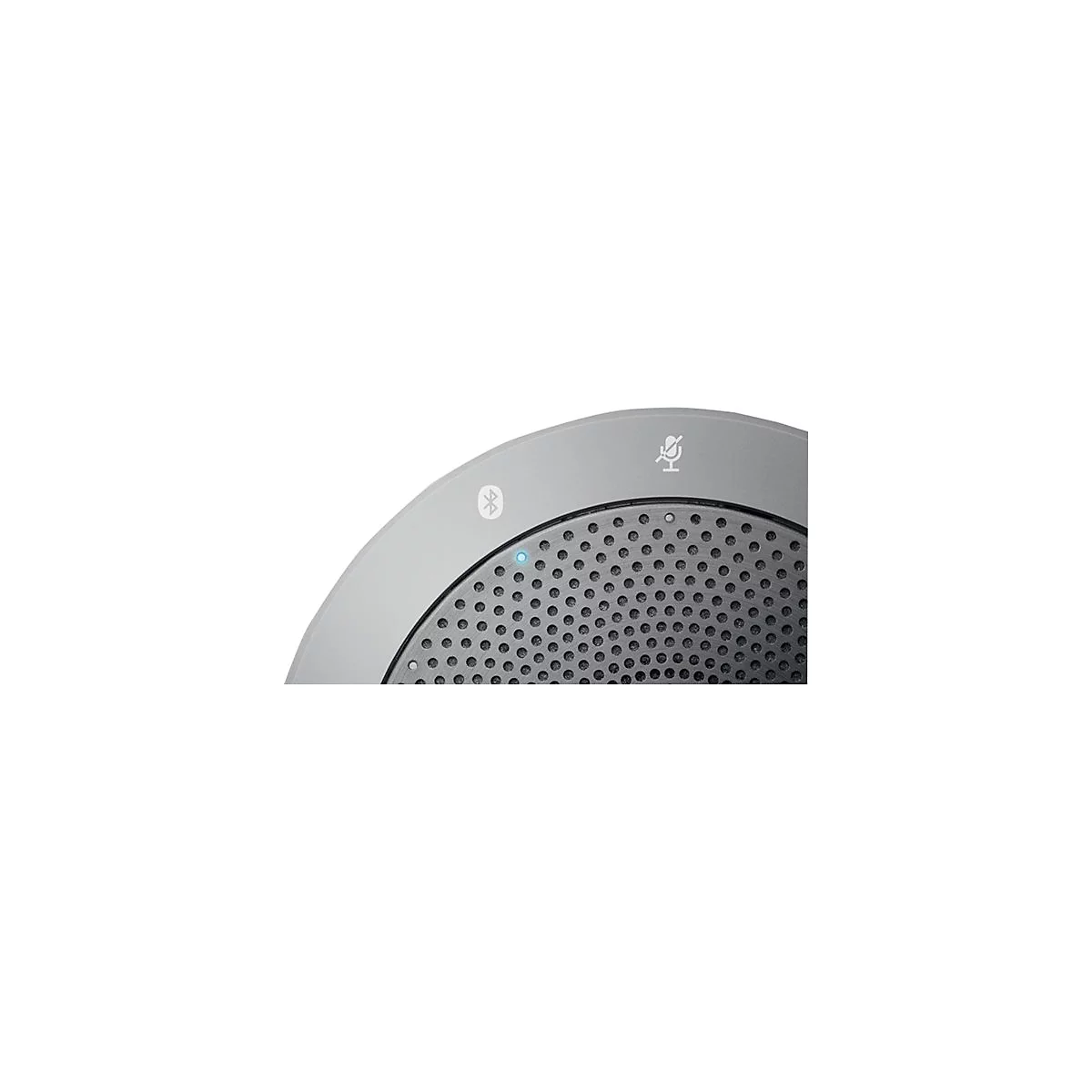 Nahaufnahme eines grauen Lautsprechers. Oben befinden sich Symbole für Bluetooth und Mikrofon (stumm).
