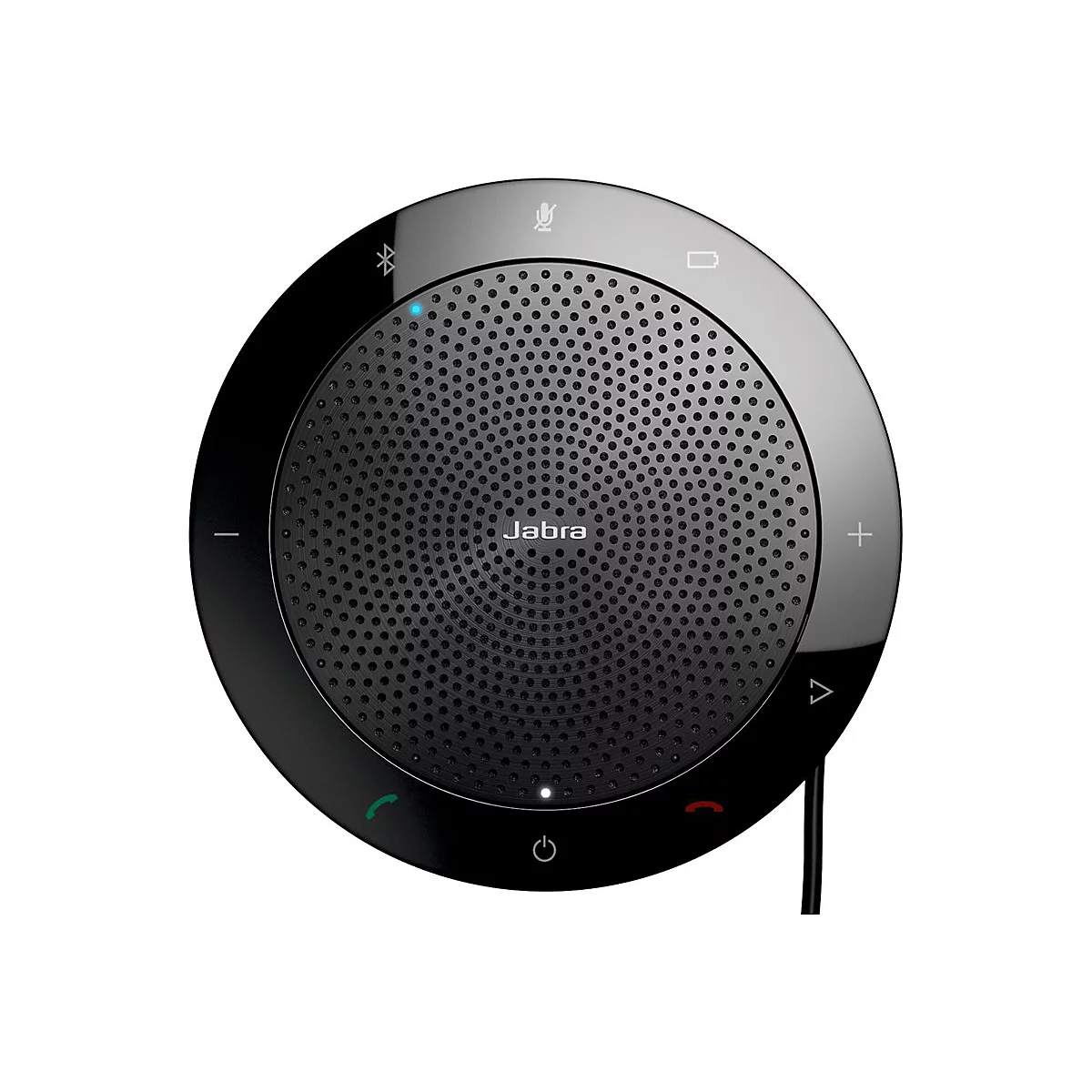 Schwarzer Jabra-Lautsprecher mit runder Form und Bedienelementen. Der Lautsprecher hat ein Mikrofon, Bluetooth- und Lautstärketasten.