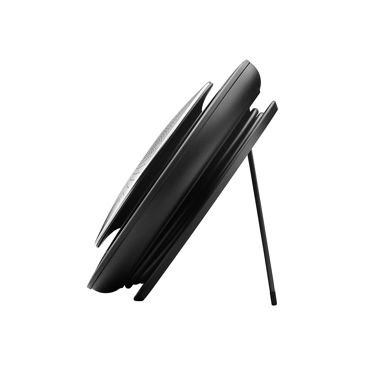 Schwarzes Telefon mit Metallgitter und Standfuß, seitliche Ansicht.