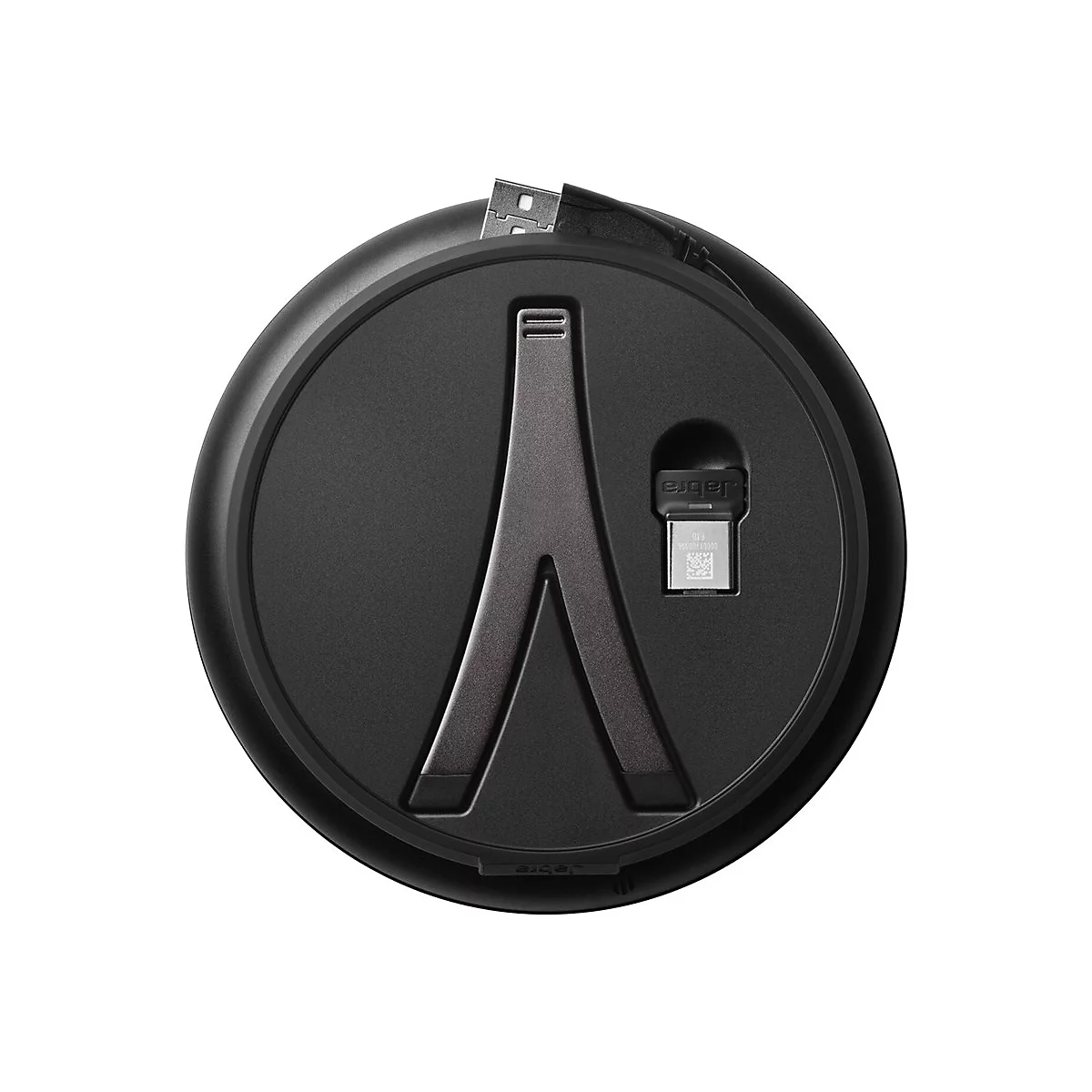 Schwarzes, rundes Gadget mit grauem Halter und USB-Anschluss.