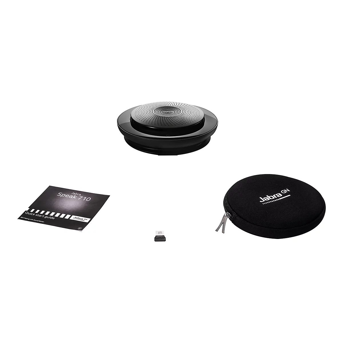 Produkt-Set: Lautsprecher, Etui, Anleitung, USB-Dongle. Auf weiÃŸem Hintergrund.